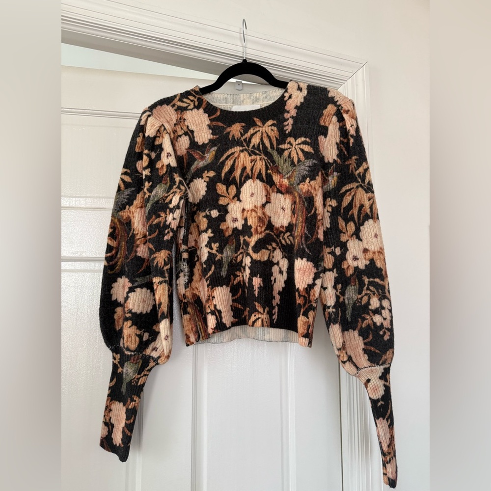 CARA CARA Lily Puff-Sleeve Floral-Print Wool Sweater